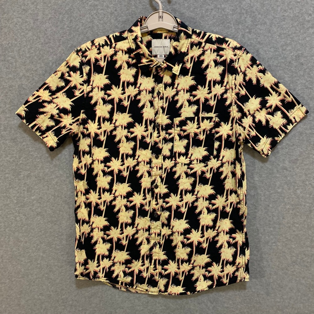 American‎ Eagle Men's M Button Up Shirt Black Yellow 100% Cotton Palm Tree Print
